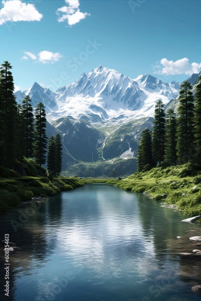 Fototapeta A panoramic view of a serene mountain lake, Generative AI