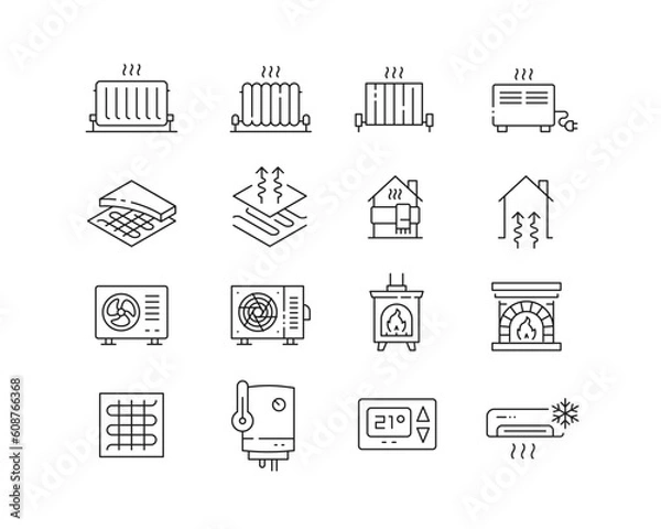 Fototapeta Home Heating  Icon collection containing 16 editable stroke icons. Perfect for logos, stats and infographics. Edit the thickness of the line in Adobe Illustrator (or any vector capable app).