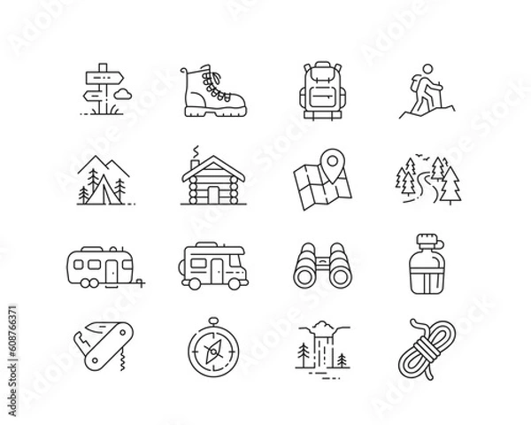 Fototapeta Outdoor Adventure Icon collection containing 16 editable stroke icons. Perfect for logos, stats and infographics. Edit the thickness of the line in Adobe Illustrator (or any vector capable app).