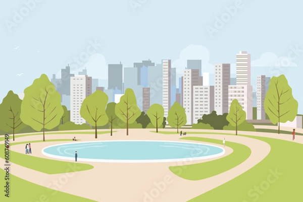 Fototapeta City park lawn and trees, small pond or fountain and abstract people figure. Flat style vector. On background business city center with skyscrapers. Green park vegetation in center of big town.