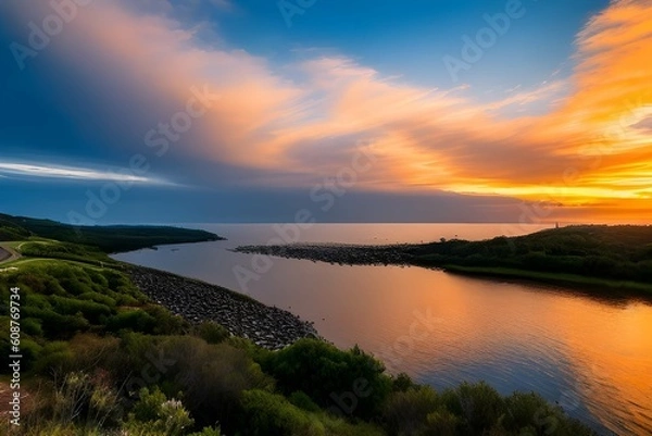 Fototapeta ドラマチックな夕日、朝焼け美しい自然の風景の海