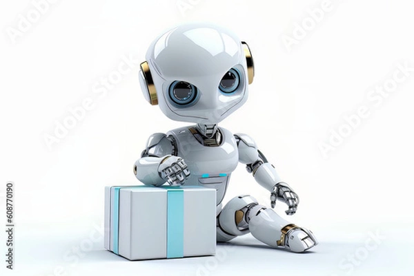 Fototapeta Cute little robot sitting with the gift box and placed a hand on the gift box, Generative AI