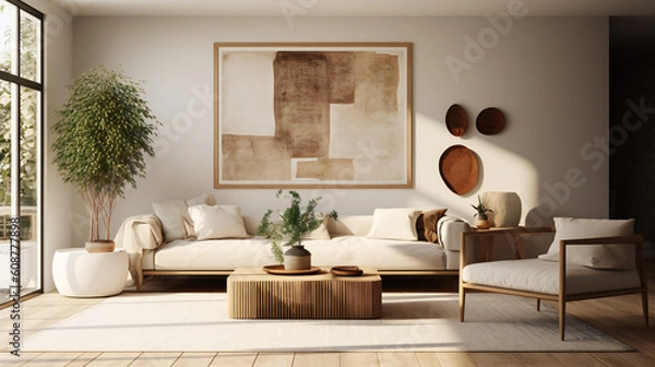 Fototapeta Modern Interior Design with Mockup Frame Poster, 3D Render, 3D Illustration