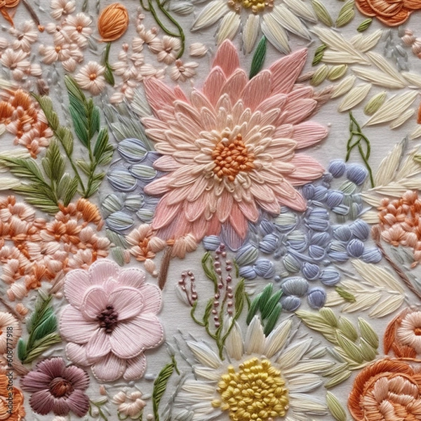 Obraz embroidery seamless pattern with wildflowers. Generative AI