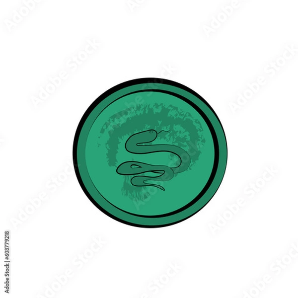 Obraz Green coin icon with king cobra snake. Vector illustration. Slytherin aesthetic. Game element.