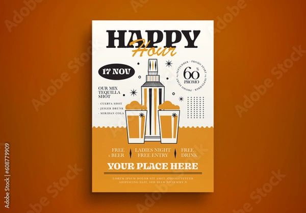 Obraz Yellow Flat Design Happy Hour Flyer Layout