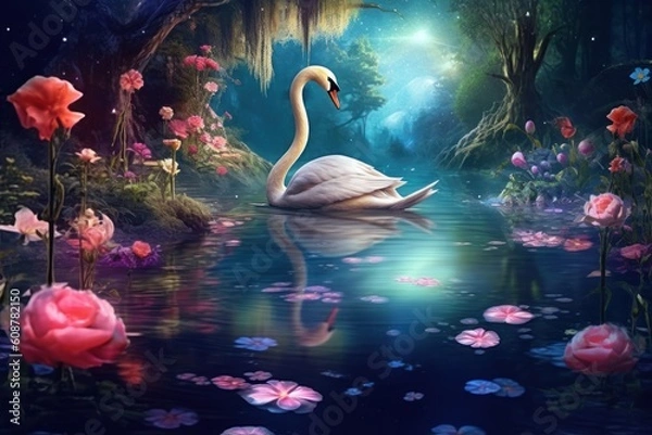 Fototapeta Fantasy magical enchanted fairy tale landscape with swan. Generative AI