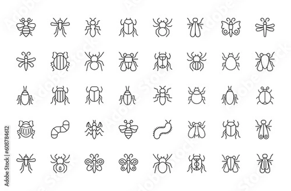 Obraz Set of 40 simple insect line icons. Linear vector signs pack. Perfect for web apps and mobile.	
