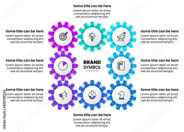 Fototapeta Infographic template. 8 gears with a title in the middle