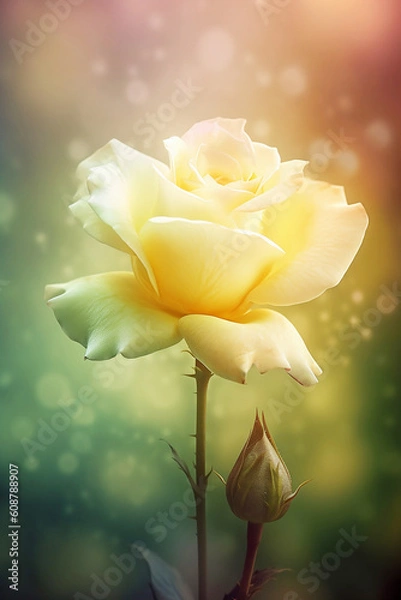 Obraz glowing translucent yellow rose on blurred background close up