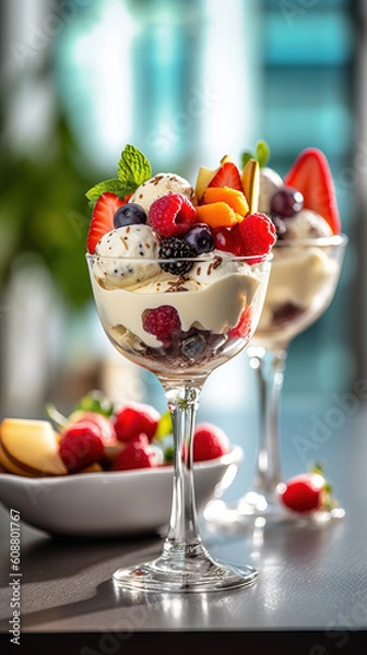 Fototapeta Ice cream dessert with fruits created with genertive AI.
