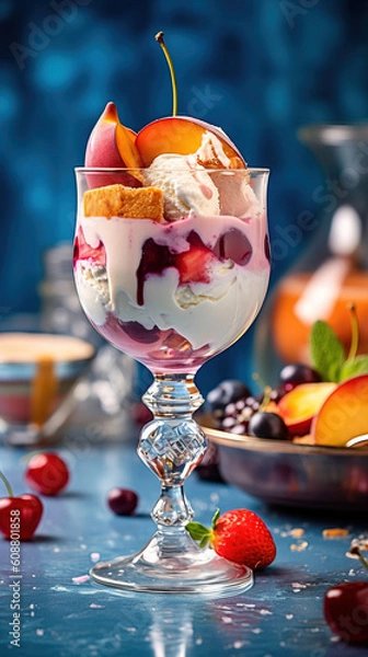 Fototapeta Ice cream dessert with fruits created with genertive AI.