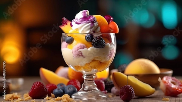 Fototapeta Ice cream dessert with fruits created with genertive AI.