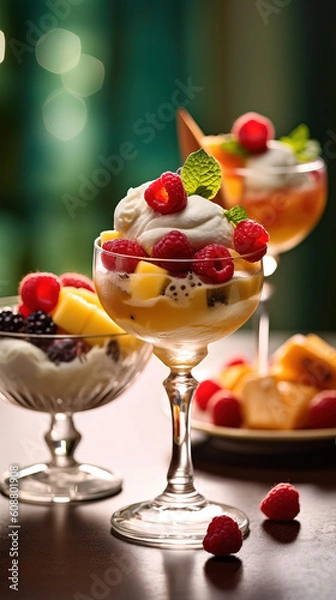 Fototapeta Ice cream dessert with fruits created with genertive AI.