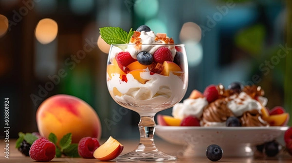 Fototapeta Ice cream dessert with fruits created with genertive AI.