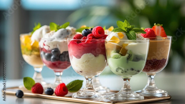 Fototapeta Ice cream dessert with fruits created with genertive AI.