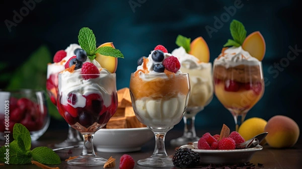 Fototapeta Ice cream dessert with fruits created with genertive AI.