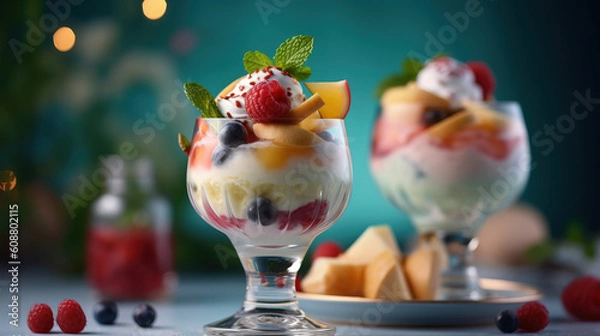 Fototapeta Ice cream dessert with fruits created with genertive AI.