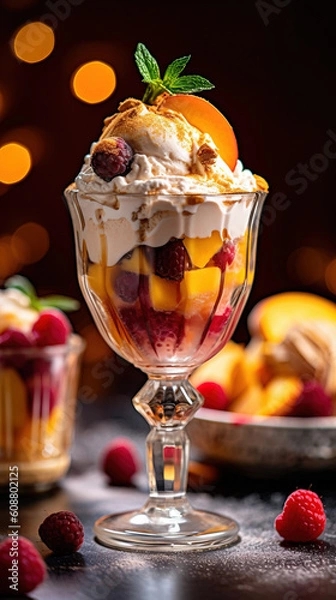 Fototapeta Ice cream dessert with fruits created with genertive AI.