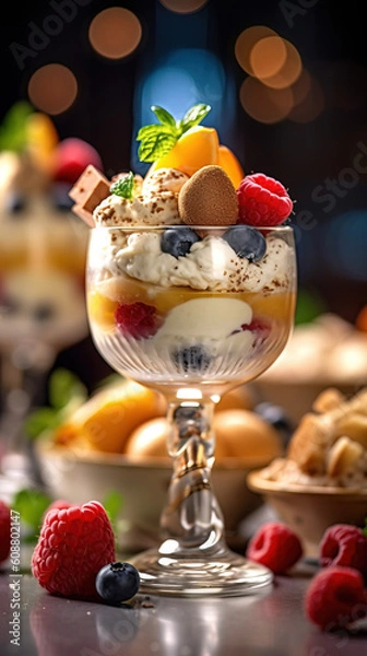 Fototapeta Ice cream dessert with fruits created with genertive AI.