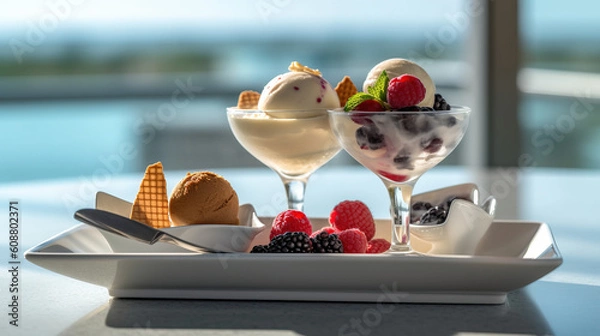 Fototapeta Ice cream dessert with fruits created with genertive AI.