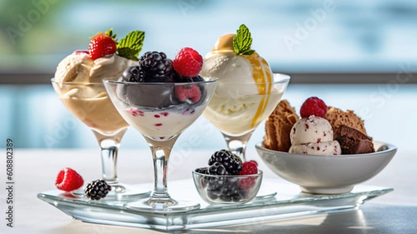 Fototapeta Ice cream dessert with fruits created with genertive AI.