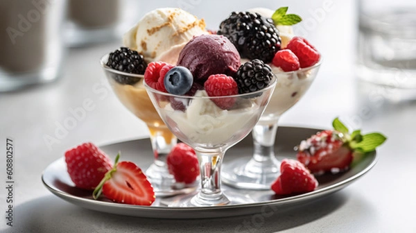 Fototapeta Ice cream dessert with fruits created with genertive AI.