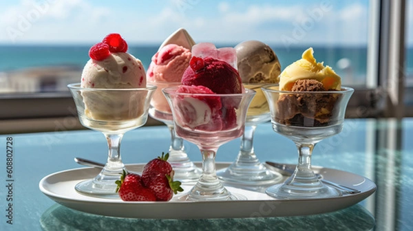 Fototapeta Ice cream dessert with fruits created with genertive AI.