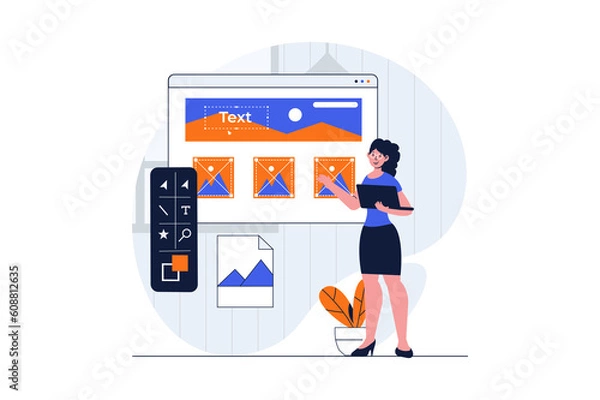 Fototapeta Web development concept with character scene. Woman creating graphic elements and placing content at layouts. People situation in flat design. Illustration for social media marketing material.