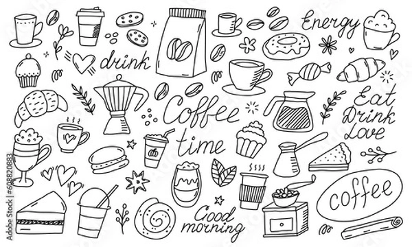 Obraz Doodle coffee shop icons. Outline hand drawn