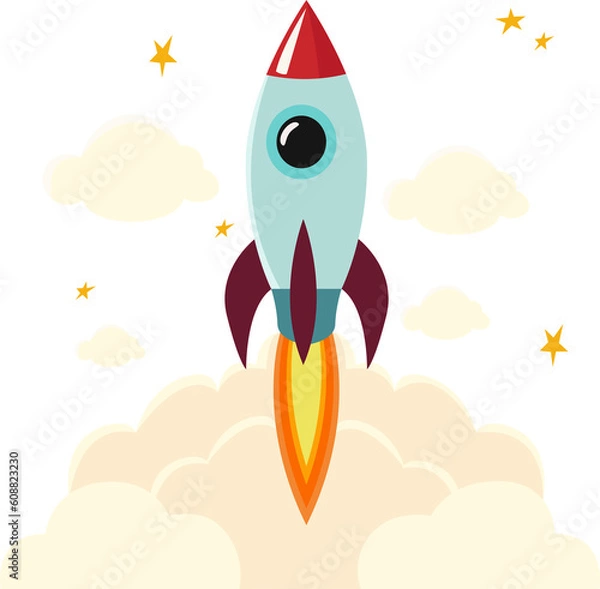 Fototapeta Cartoon rocket blasting off into space illustration graphic with transparent background