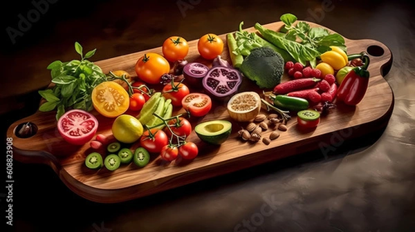 Obraz Fruit and vegetables on a chopping board