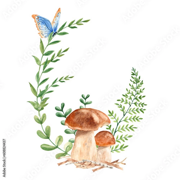 Fototapeta Watercolor forest wreath with green branches, fern and mushrooms with blue butterfly. Hand painted frame with wild plants. Floral illustration for greeting cards, invitations, save the date, logos.