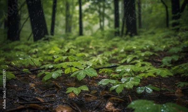 Fototapeta  a forest with lots of green plants and leaves on the ground.  generative ai