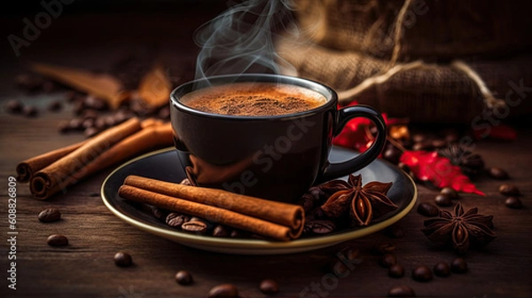 Fototapeta Steaming Coffee Cup with Fragrant Cinnamon and Coffee Beans. Created with Generative AI