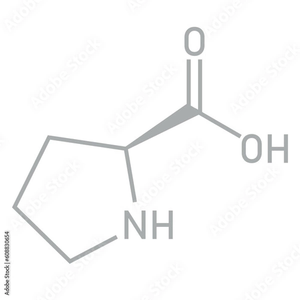 Fototapeta Chemical structure of proline (C5H9NO2). Chemical resources for teachers and students. Vector illustration.