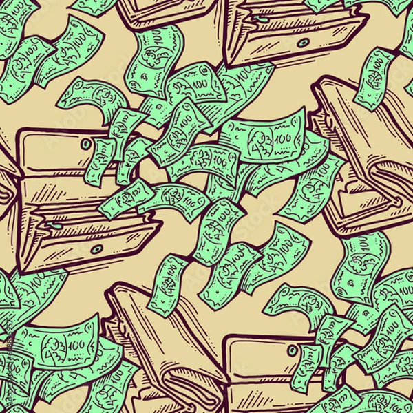 Fototapeta Money seamless vector pattern background for print design. Hundred dollars banknotes, a lot of cash for finance. economy, business success theme. Hand drawn line illustration, cartoon style drawing.