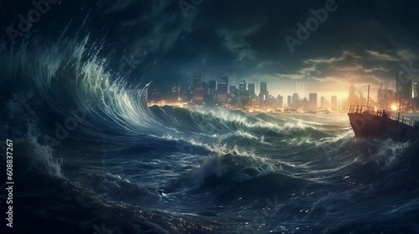 Fototapeta Mega Tsunami is approaching a big city, huge ocean waves after an earthquake in the fault of the earth. Created with AI.