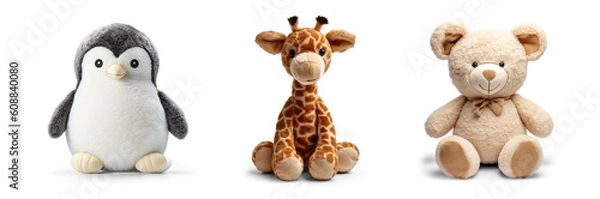 Fototapeta cutout set of 3 stuffed animal toys isolated on transparent png background - Generative AI