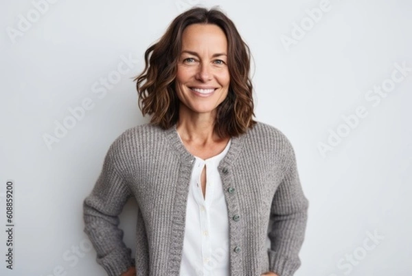 Fototapeta Medium shot portrait photography of a pleased woman in her 40s that is wearing a chic cardigan against a white background . Generative AI