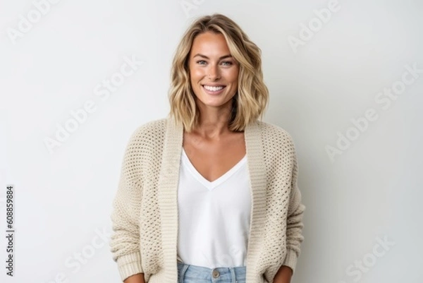 Obraz Lifestyle portrait photography of a satisfied woman in her 30s that is wearing a chic cardigan against a white background . Generative AI