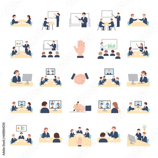 Obraz 会議、ミーティング、オンライン会議のアイコンセット
