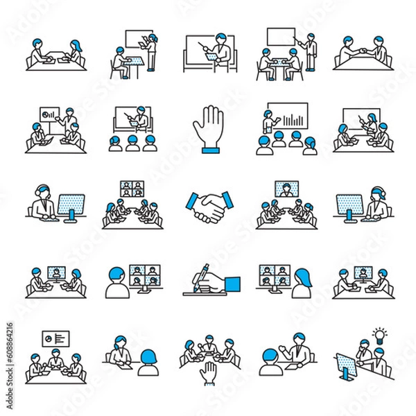 Obraz 会議、ミーティング、オンライン会議のアイコンセット
