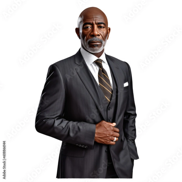 Fototapeta A black man in a suit and tie with a serious expression on a transparent background png isolated Generative Ai