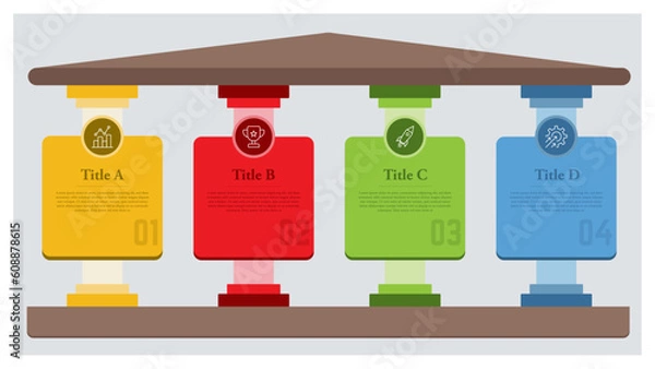 Obraz Pillar Infographic layout element in the form of a Greek temple with columns, Four pillars diagram with number options for business concepts.