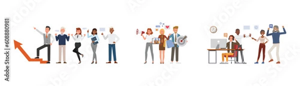 Fototapeta Set of office man and woman character vector design. Business people working in office planning, thinking and economic analysis.