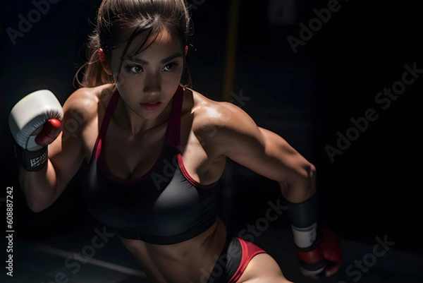 Fototapeta Illustration of fit girl, woman training box, taekwondo, kickbox. AI generated content