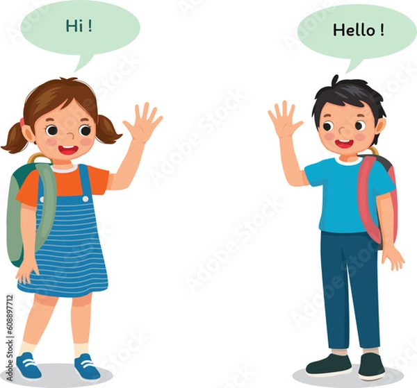 Fototapeta Cute school kids with backpack say hello greeting to each other