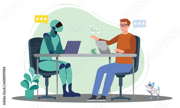Fototapeta Artificial intelligence the future of AI robot with people working to enable problem solving