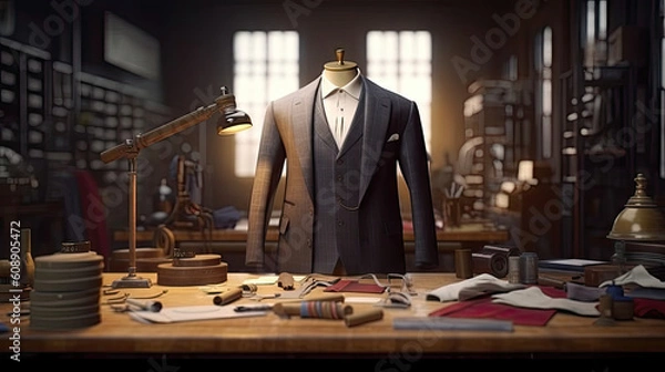 Fototapeta Handsome men's suit in retro style on the background of a tailoring studio, 8k, generative ai